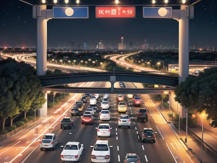 (Traffic jams, lots of cars, traffic jams. :1.2),road ,(รถวิ่งบนroad:1.2) capital landscape:1.5 ,(Many cars:1.2) ,nighttime 