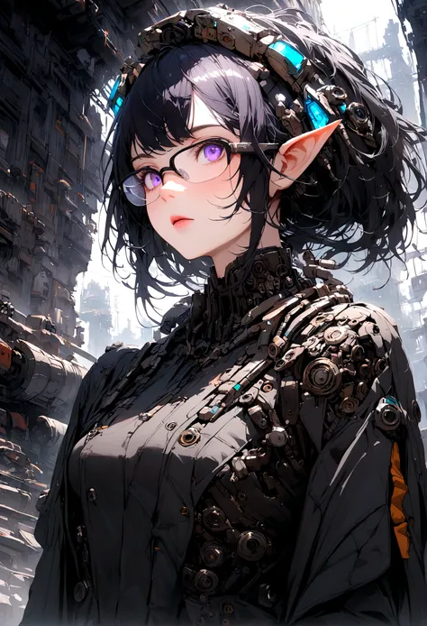 Mechanical elf with mechanic glasses on top of head with purple eyes and black hair