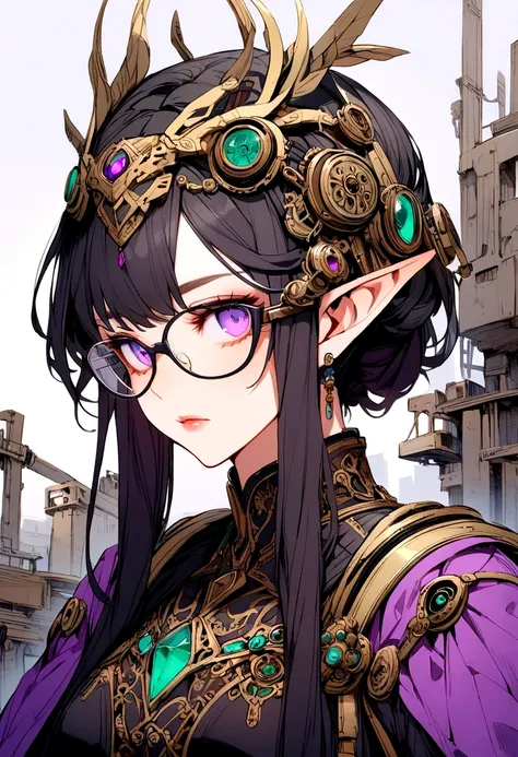 Mechanical elf with mechanic glasses on top of head with purple eyes and black hair