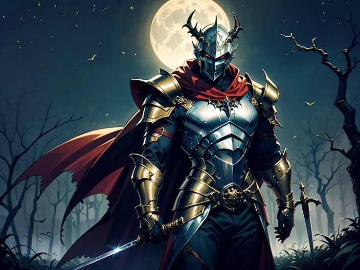 (High Definition 1.5) (High Quality 1.5) (Detailed 1.5) (Masterpiece) (Perfect)

1man, strong and tall, full armor, golden metal armor, shiny metal, (((gothic))), ancient style, helmet with horns, red cape, sword at his waist. Lonely path, dark forest, bri...