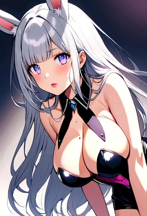 Beautiful girl, anime girl, long hair, white and gray hair, light bangs, 2-colored eyes, pink-blue eyes, light pink lips, mole on the chest, cat ears, strapless shirt, sexy, bunny girl, big breasts, facing forward, sexy outfit