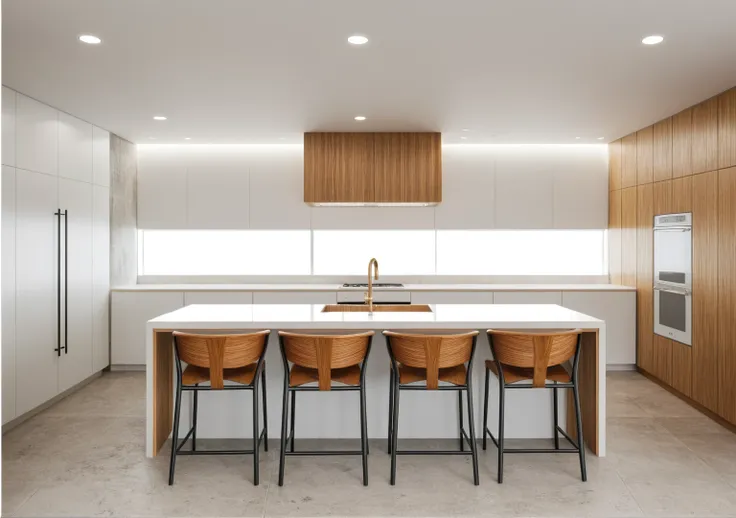 Interior Design, (modern interior space), (modern furniture design), (space that realistically describes the modern interior of a townhouse), (soft warm led light), (circle spotlight), (indoor), (neutral white tone color), (white wall), (An Cuong Wooden Fu...