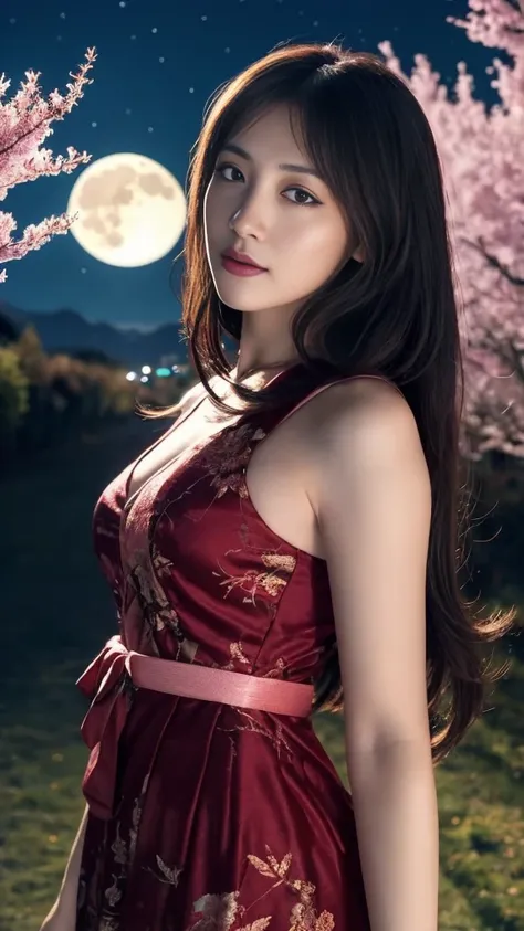 masterpiece, 最high quality, night, Mountain, full moon, Long black hair, woman, fire Fly, performer, Mysterious cherry tree, Pink leaves, high quality, Beautiful graphics, High detail