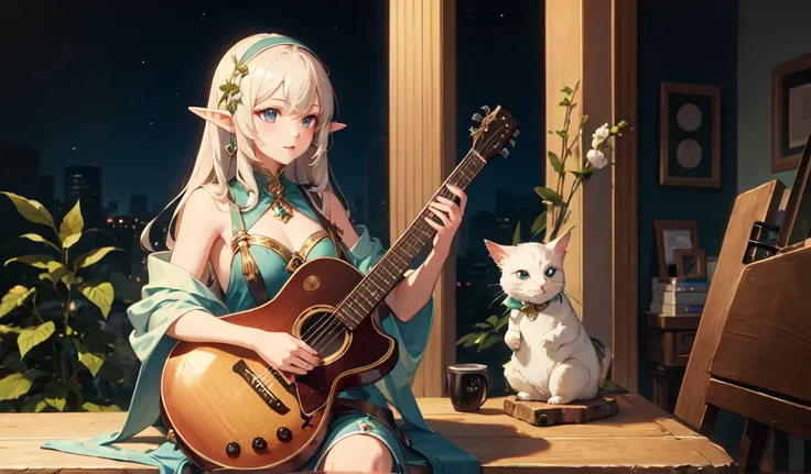 ((Highest quality)), ((masterpiece)), (detailed), Beautiful and cute elf,Playing a musical instrument