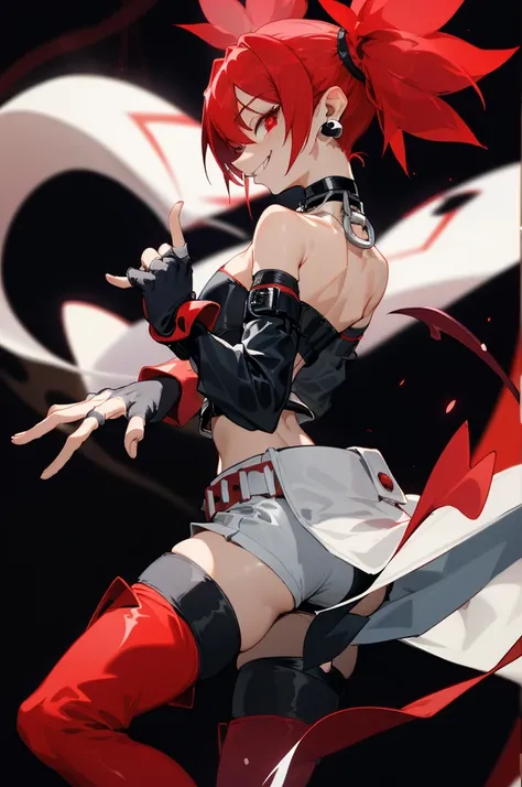 (highest quality、masterpiece:1.2) profile、Etna, red hair twintails、red eyes,devil、tall、long limbs、elbow gloves,thighhigh boots, (black tube top,black hot pants、choker、earrings、belt),sadistic smile,deep shaded face,,smile worst,worst ridecule,evil moukery,,...