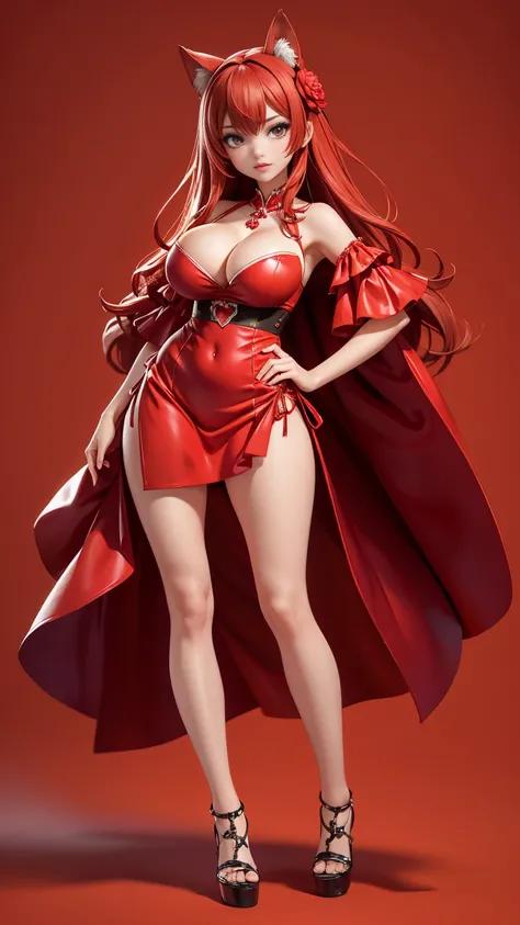 (full_body)、Woman、red_background、big_breasts:1.5、Detailed、POP、vivid、pose、dress、Open chest