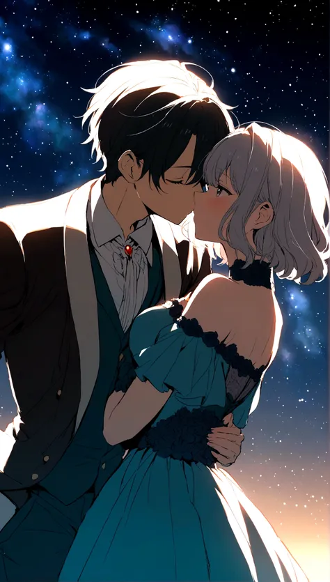 Anime couple kissing under the stars in the sky,