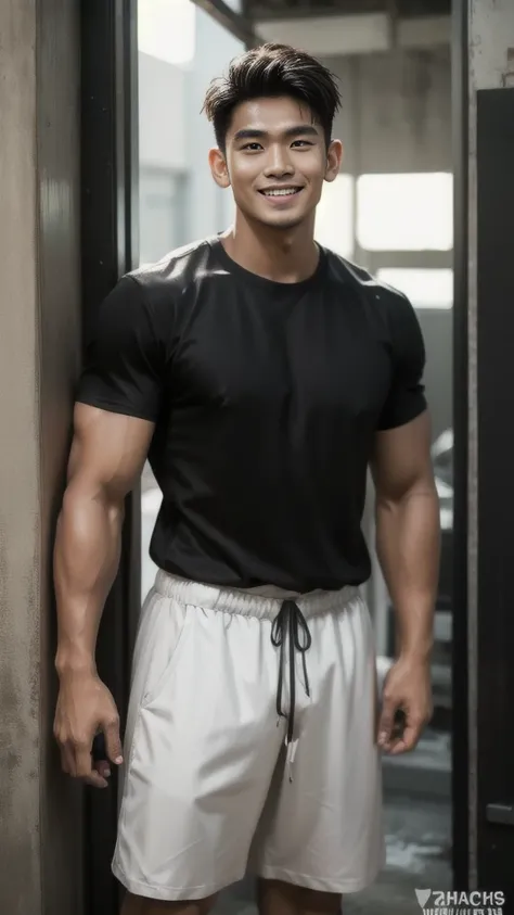 Thai man with short hair, handsome, muscular, big muscles, broad shoulders, model wearing a black t-shirt, standing and smiling.