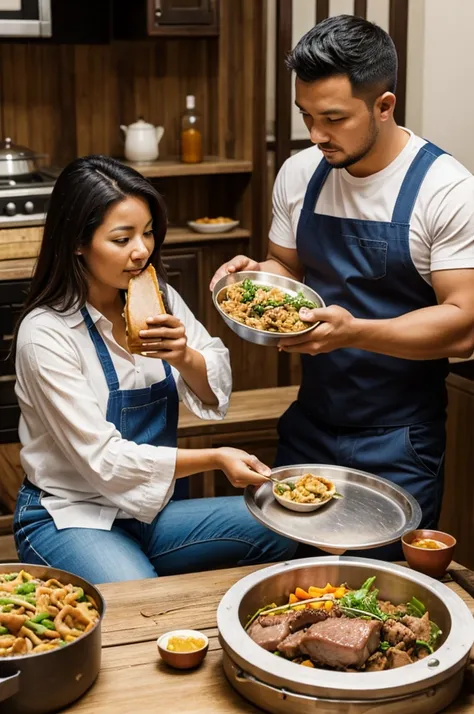 Woman having pork lunch in a Chinese box and man eating pachamanca in a pot