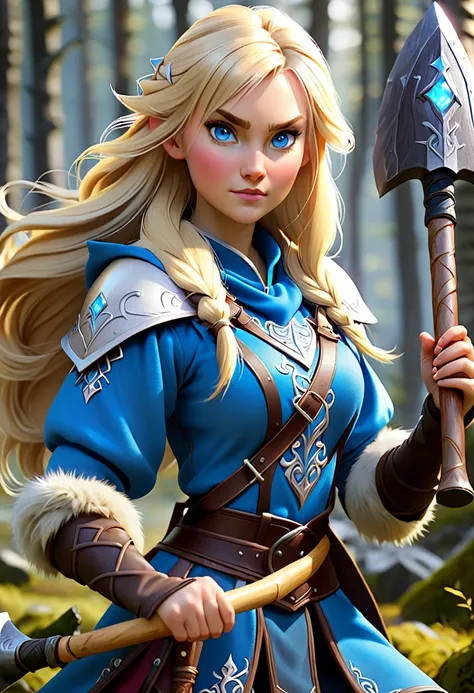 a human female mage nordic women. with an axe. she is holding a wand. sher has blonde hair and blue eyes.