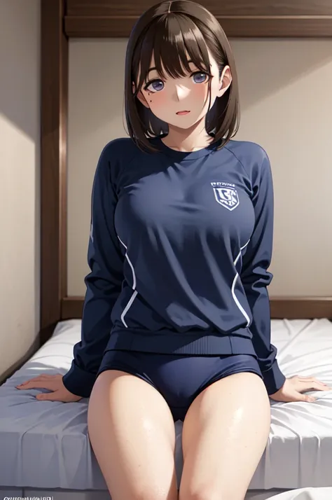 (masterpiece, best quality, very aesthetic, ultra detailed), intricate details, 4k,aanene, short hair,(buruma:1.2),gym uniform, cowboy shot, bed room,ahegao,(nsfw:1.2),