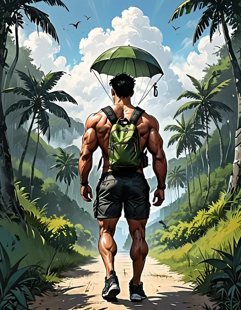 tropical island, cloud, green forest, ((back view)), man in black shorts walking, mesomorph muscular body, perfect olive skin, s...