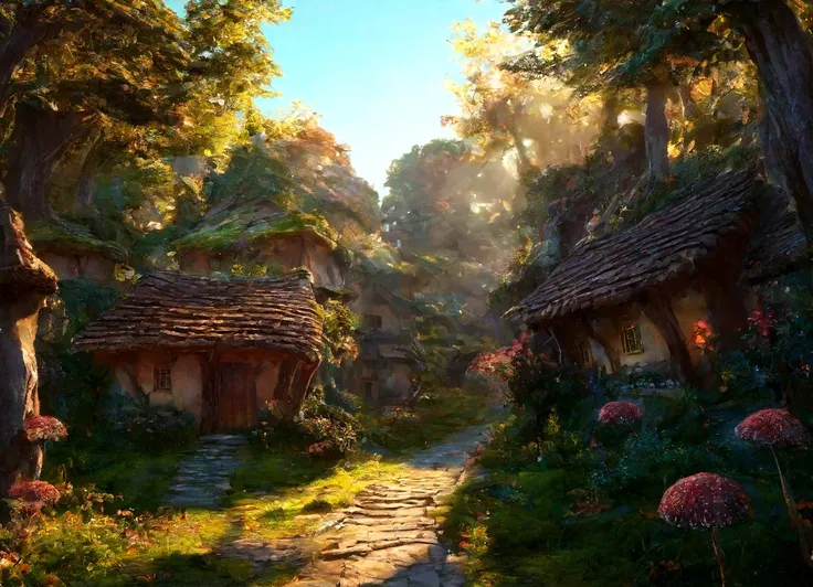 a breathtaking, high-contrast cinematic 8k 3d disney-style rendering, of a fairy-tale village nestled in a lush forest with dens...