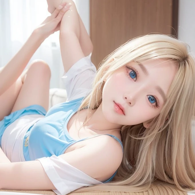 Golden shiny hair、Super long straight silky hair、Dazzling blonde super long silky hair、16 years old cute little beautiful face、A beautiful girl、Sparkling blonde dancing in front of a pretty face、Long, silky bangs that cover the space between the eyes、Very ...