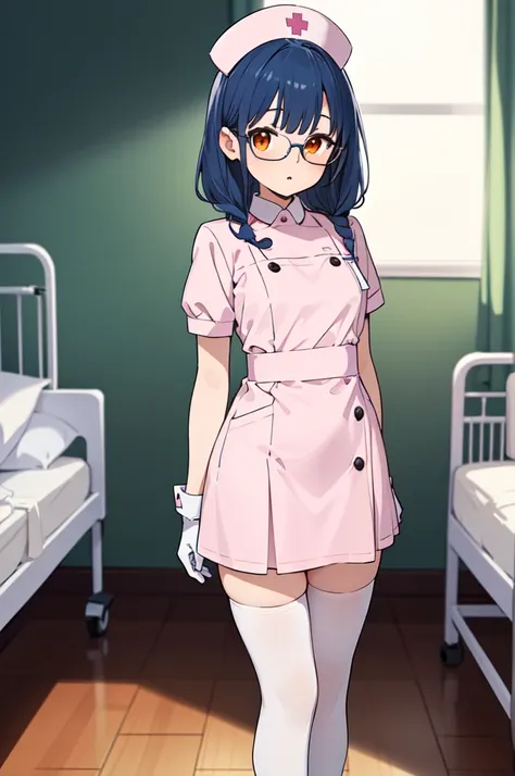 1woman, solo, nurse, white nurse cap, white nurse uniform, ((white legwear, zettai ryouiki)), white gloves, glasses, blue hair, ...