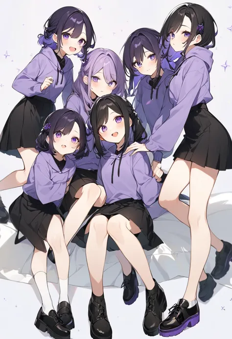 Keito。Purple hoodie。Black Skirt。Purple Eyes。Black Hair。Black shoes下。Black shoes。6 sistery eldest daughter has lavender hair.。all female。Sextuplets