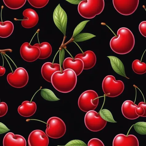 realistic cherry, black background, cartoon style