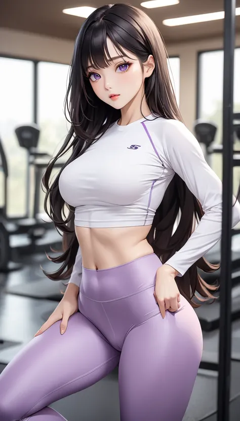 masterpiece, high resolution, beautiful woman, Korean Beauty, 30 years old, tight sports long sleeve, tight yoga pants, beautiful woman, training room, looking at me, (high resolution face), (high resolution eyes), (high quality eyes), black hair, purple e...