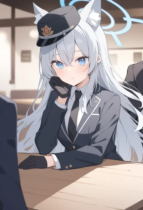 girl，Silver long hair, blue eyes, Wearing a black suit,Black gloves, and black trousers, Sitting in the restaurant，Leisurely expression, blue halo，Black British hat，Gray wolf ears，Black tie，Cross your hands and put them on the table