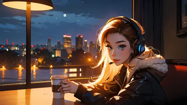 ((masterpiece)),(((bestquality))),((ultra-detailed)) realisticlying, 1 girl, Beautiful, wearing headphones, enjoying hot coffee  solo,  Late Night Cafe, looking to viewer, city.