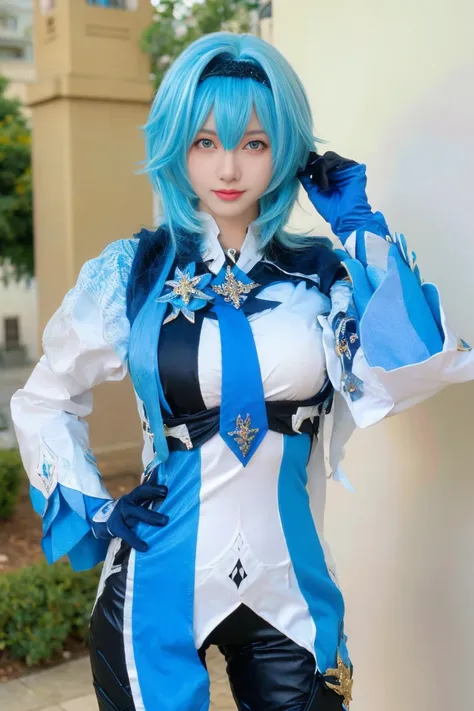 realistic, realistic image quality of a beautiful girl with blue hair and blue eyes wearing a cosplay costume of the character e...