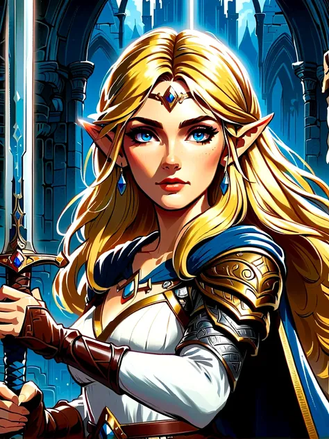 (best quality，8k，ultra-high resolution，masterpiece)，very good，illustration，princess zelda，blonde，blue eyes，holding a long sword