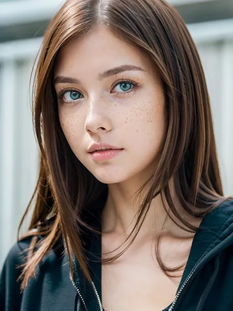 Girl with green eyes and brown hair has medium breasts has freckles and wearing a black hoodie, gloss