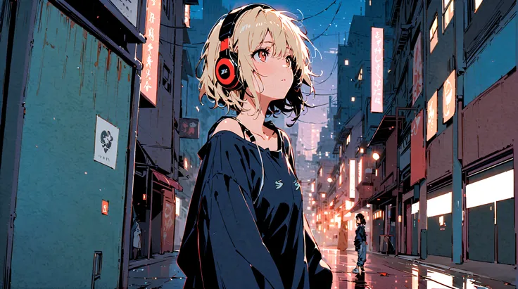 A painting of a woman standing alone in the city at night, Overall dark atmosphere,　Wearing headphones, Black Hair, Dark Eyes, Medium Short, Tired look, Looking Up, Oversized clothes,