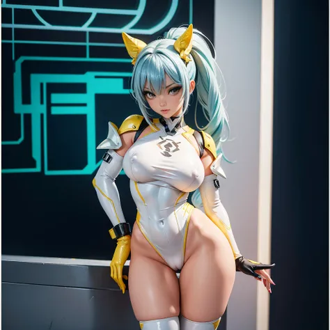 a close up of a woman in a cyber leotard suit, female, video game character, cyber suit, clothed in cyber armour, cyber fight armor, rogue anime girl, shy blush, wearing a leotard thong, highheels, fullbodyshot, model pose, chocker, cameltoe, big ass, big ...