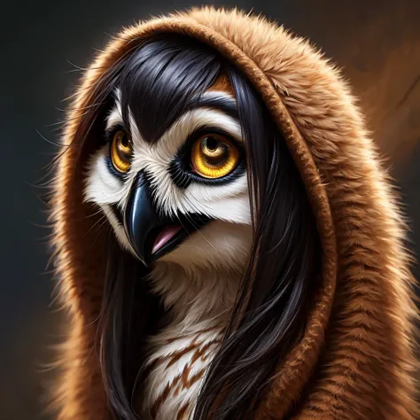 Solo, Female, species:owl, yellow eyes, purple feathers, long hair, black hair, cute face, happy, realistic fur body, realistic hair, realistic eyes