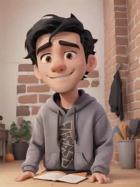 A man with black hair wearing a sweatshirt in a room with an orange brick wall