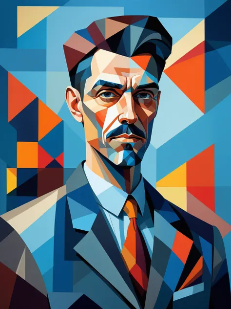 Draw a portrait of a man wearing vintage clothing，With cubist style and colorful geometric elements。Background is hazy blue gradient，Highlight the clarity and visual impact of the avatar。