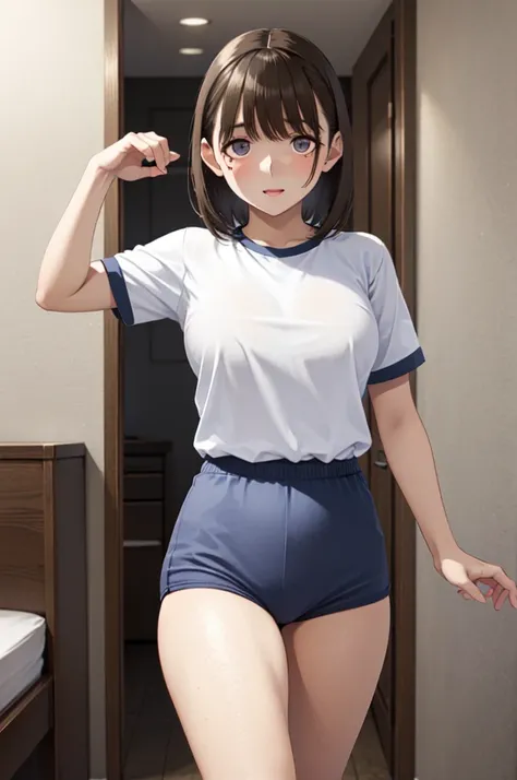 (masterpiece, best quality, very aesthetic, ultra detailed), intricate details, 4k,aanene, short hair,(buruma:1.2),gym uniform,white shirt,cowboy shot, bed room,ahegao,(nsfw:1.2),