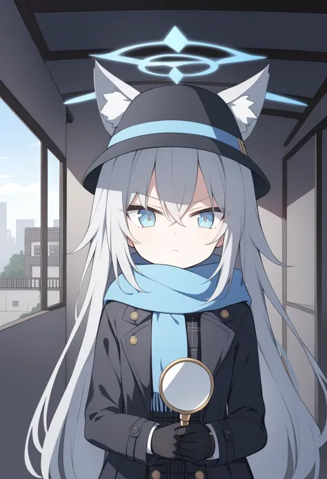 girl，Silver long hair, blue eyes, Wearing a black trench coat,Wearing gold wire eyes，A sky blue scarf, Black gloves, And black plaid skirt, In an empty house，Serious expression, blue halo，Black Hat，Gray wolf ears，Handheld magnifying glass observation