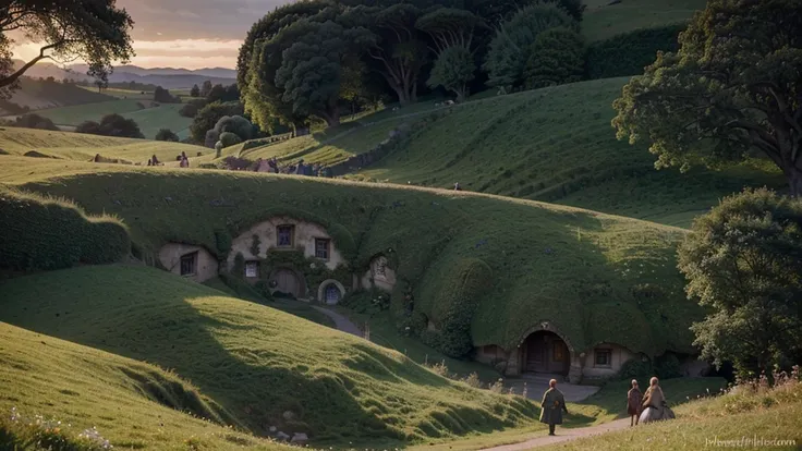 There are many hobbitts in the middle of the green hills, Hobbiton, Middle Earth, beautiful serene Hobbiton, Middle Earth, Middle Earth, the county, Middle Earth landscape, hobbit hole, county, hobbits, Hobbiton at night, Lord of the Rings style, the count...