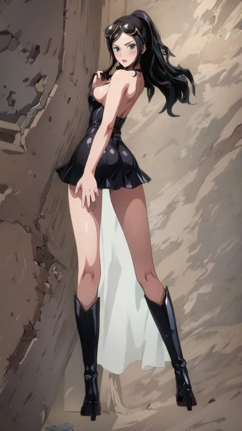 1girl, solo, boots, eyewear on head, black hair, dress, high heels, sunglasses, short dress, long hair, looking back, breasts, ponytail, nico robin, legs，medium_breasts，sideboob