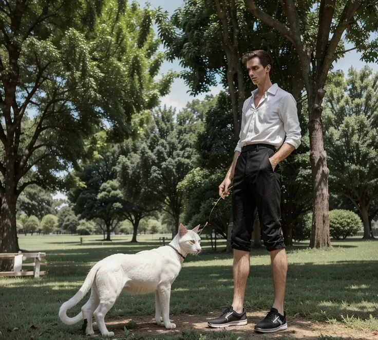 a man with a long neck is eating leaves on a tall tree, standing straight, white shirt, black pants, long shoes size 56, Pasture, daytime, surprised cat below, Very realistic, highly photo, historical photos, history, incandescent