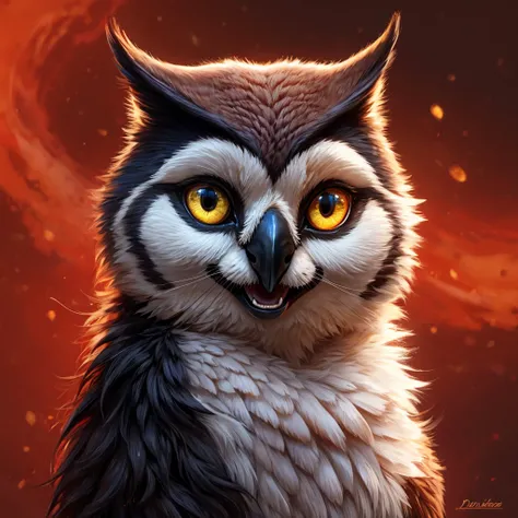 Solo, Female, species:owl, yellow eyes, purple feathers, long hair, black hair, cute face, happy, realistic feather body, realistic hair, realistic eyes