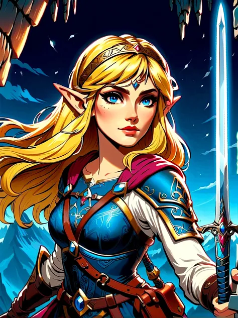 (best quality，8k，ultra-high resolution，masterpiece)，very good，illustration，princess zelda，blonde，blue eyes，holding a long sword，...