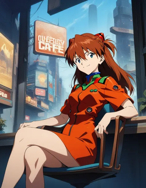 "1girl, Asuka Langley Soryu, Neon Genesis Evangelion, medium breast, red hair clips, stylish cafe,sitting on the chair,crossing legs,lovely smile,futuristic town, collared shirt dress, masterpiece, best quality, very aesthetic, official art,grand plix awar...