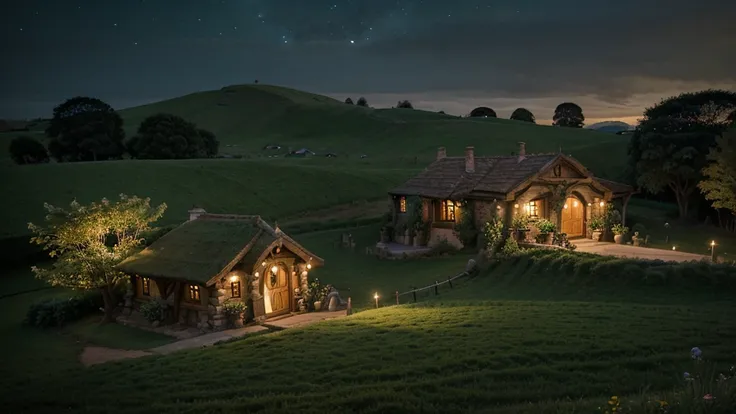 Hobbiton, Middle Earth, beautiful serene Hobbiton, Middle Earth, Middle Earth, the county, Middle Earth landscape, hobbit hole, county, hobbits, Hobbiton at night, Lord of the Rings style, the county castle, hobbit, inspired the lord of the rings