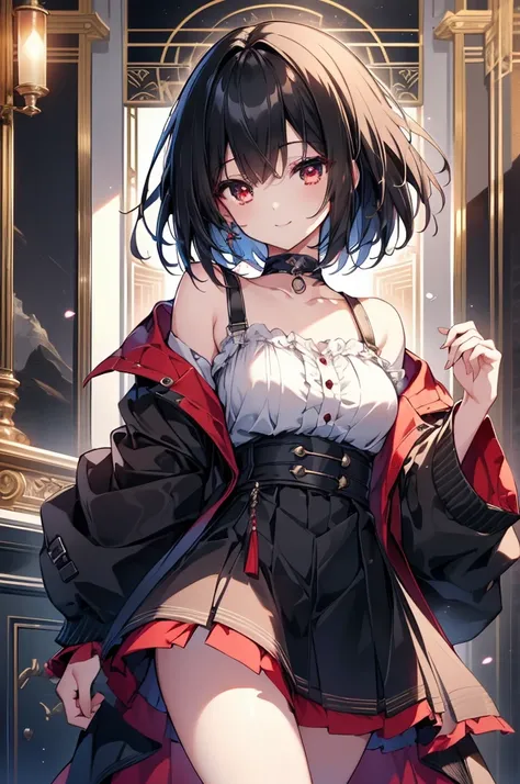 (masterpiece, highest quality, highest quality, (No text), Beautiful and aesthetic:1.2),No text,アニメ、BREAK,One Girl，Black Hair Girl　short hair　older sister　choker　Tree Eyes　Beautiful eyes　Red eyes　cool　smile　Red and Black　Black jacket　mini skirt　whole body　...