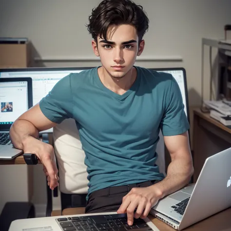 Create a 24 year old young man cartoon sitting at a desk with a laptop in front of him