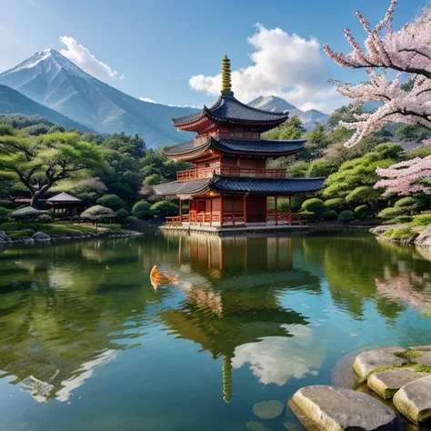 A detailed, traditional Japanese landscape, a serene lake surrounded by majestic mountains, ancient pagoda temple, sakura trees in full bloom, koi fish swimming in the calm waters, (best quality,4k,8k,highres,masterpiece:1.2),ultra-detailed,(realistic,phot...