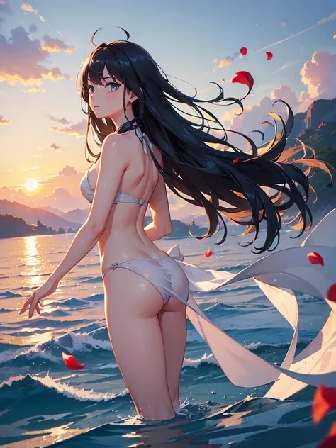 ((masterpiece, best quality:1.3)), High Definition, 8k wallpaper, Fantastic landscape, galaxy, [1girl:1.2], Straight Hair, Hair blowing in the wind, The gesture of brushing back hair, Gazing into the distance, Bikini Armor, (No Clothes), Petals fluttering,...