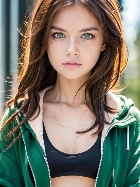 girl with green eyes and brown hair has medium breasts has freckles and wearing a black hoodie, gloss