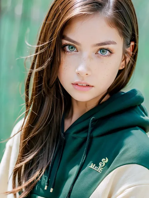 Girl with green eyes and brown hair has medium breasts has freckles and wearing a black hoodie, gloss