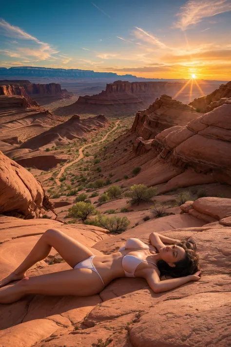 cinematic, 500px photography, perfect sexy woman sunset over moab, laying on the sandstone