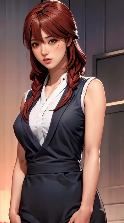 high quality, High resolution, (full shot:1.8), 4K quality, The best high quality masterpiece, karate uniform, (heavy makeup), Blurred city background at sunrise, messy hair, red hair, detailed face, big breast, sleeveless