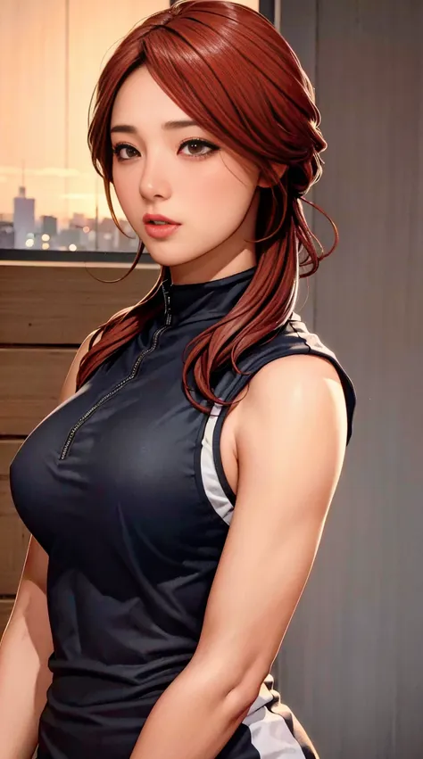 high quality, High resolution, (full shot:1.8), 4K quality, The best high quality masterpiece, karate uniform, (heavy makeup), Blurred city background at sunrise, messy hair, red hair, detailed face, big breast, sleeveless